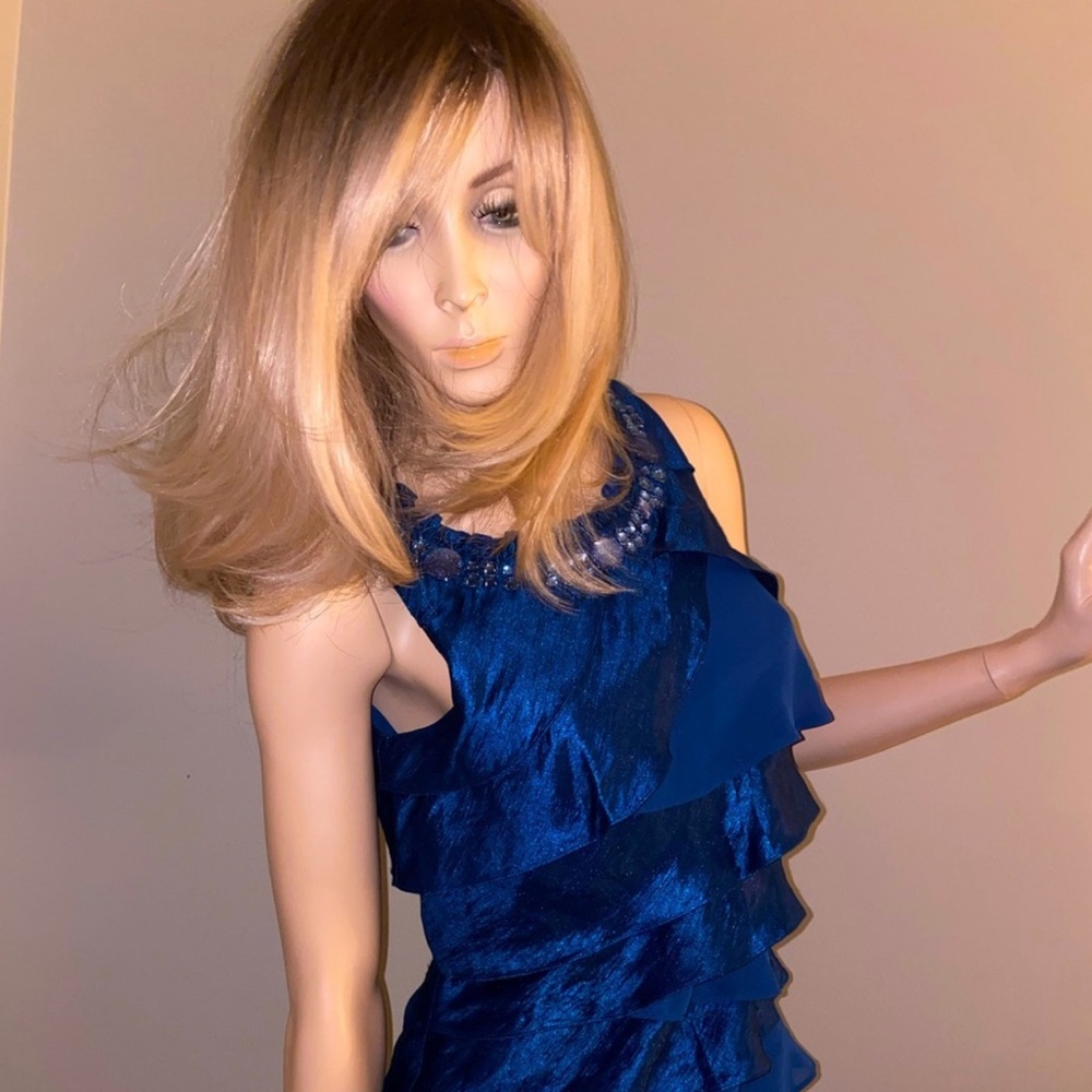 S.L. Fashions Navy Dress with Ruffle Detail